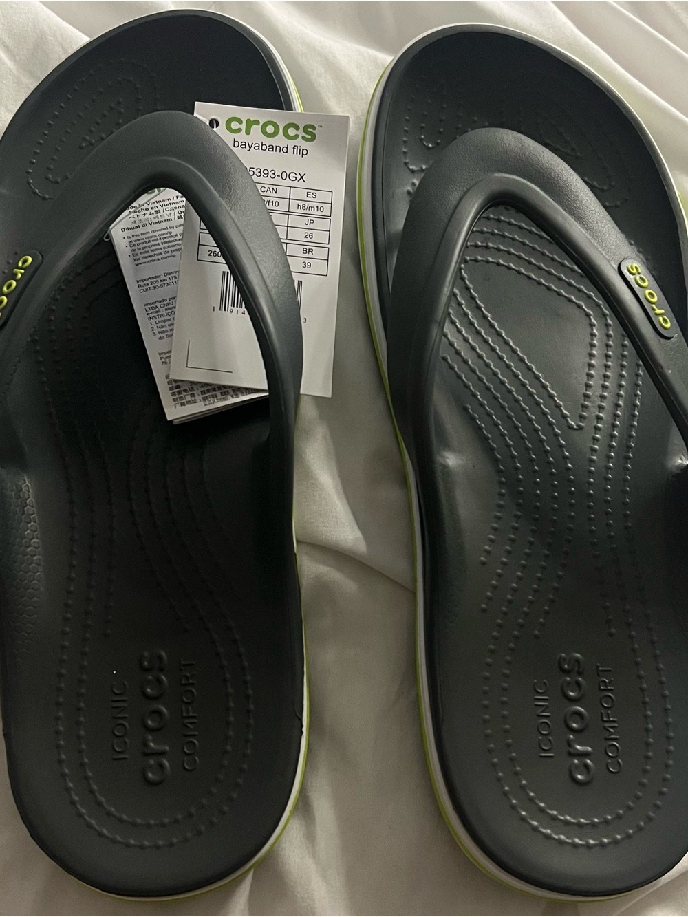 CROCS unisex Black Flip Sandals with Lime Accent
